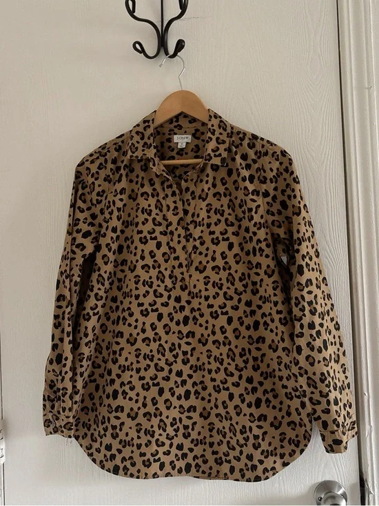 J.Crew Leopard Print Popover Top Women’s Medium Brown Black Cotton Stretch - Picture 1 of 8
